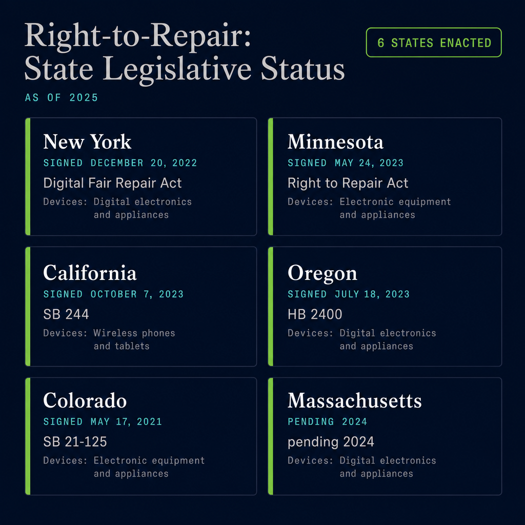 Right-to-repair laws enacted by state 2024–2025: status scorecard for enacted and pending legislation
